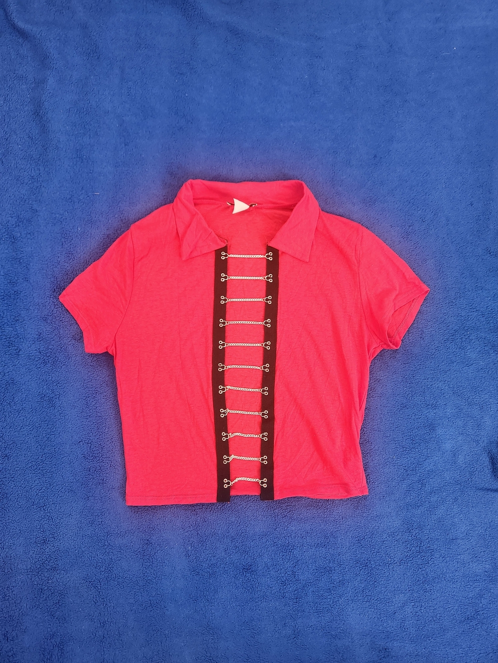 Red Collared Crop Top with Chain Front Detail And Black Trim Size Large